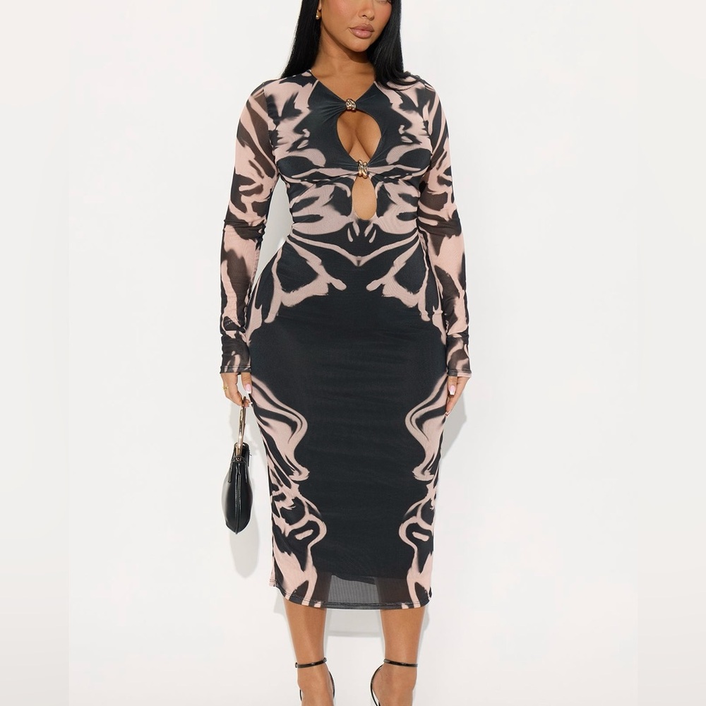 NWT Abstract Long Sleeve Midi Dress Black & Nude XS
